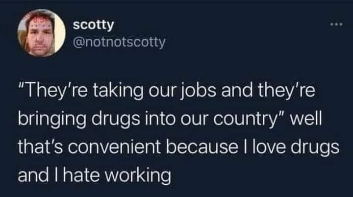 A screenshot of a tweet from user 'scotty' (@notnotscotty) shows a man's face with red text '8.5' above his forehead. The…