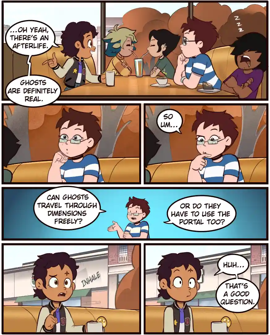 A comic strip shows a group of friends at a cafe discussing the afterlife and ghosts. One character confidently states…