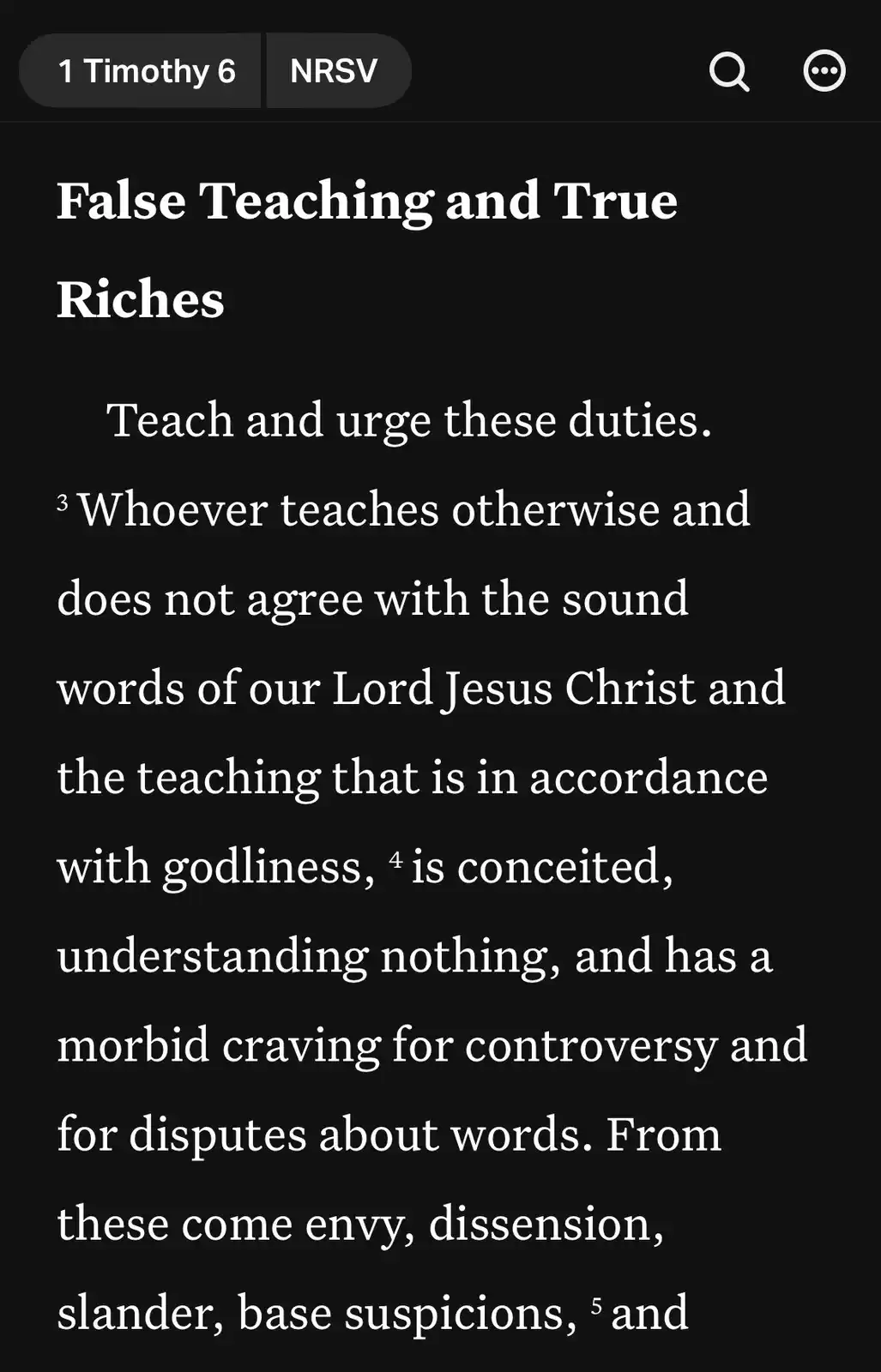 A screenshot of a Bible app displaying 1 Timothy 6:3-5 from the NRSV translation, with the heading 'False Teaching and True…