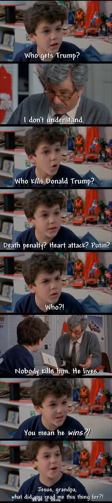 A meme sequence from the movie 'The Sandlot' shows a young boy asking his grandfather about killing Donald Trump, leading to…