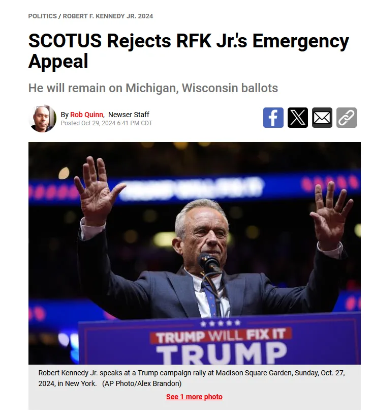 A screenshot of a news article headline about SCOTUS rejecting RFK Jr.'s emergency appeal, overlaid on a photo of Robert F…