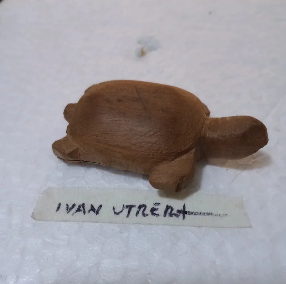A simple wooden carving of a turtle lies on a white textured surface, with a small handwritten label beneath it that reads…