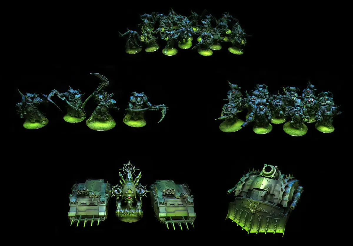 A collection of painted miniature warhammer 40k models, including infantry, monstrous creatures, and armored vehicles, all…