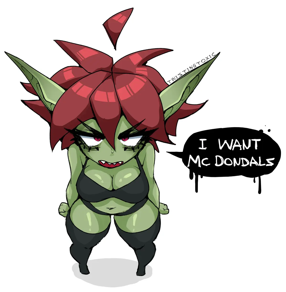 A chibi-style green-skinned demon girl with red spiky hair and green horns, wearing a black bikini and thigh-high boots…