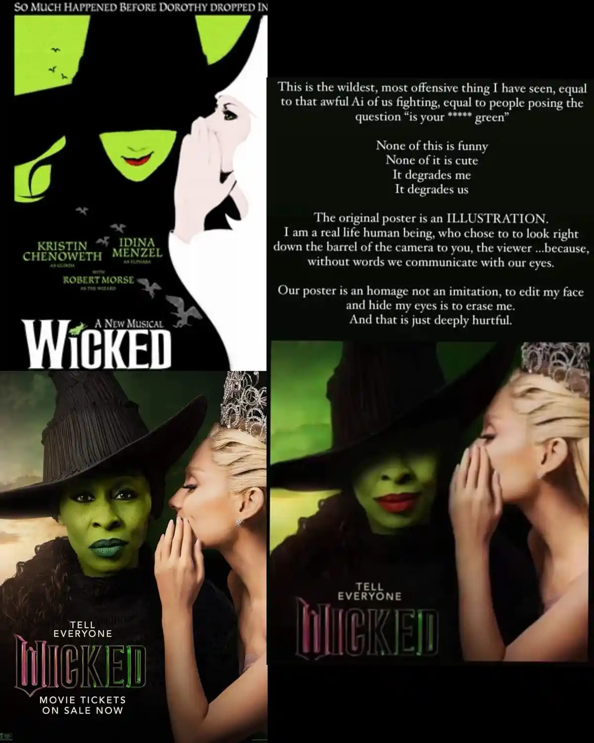 The image displays two movie posters for 'Wicked' side-by-side. The top poster is a stylized illustration showing a…