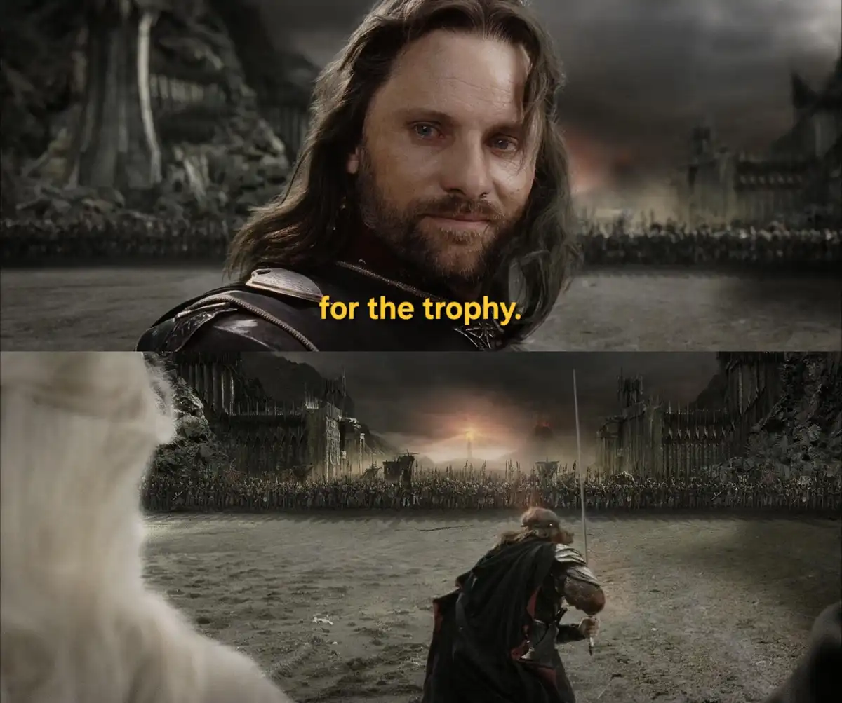 The image is a two-panel meme from 'The Lord of the Rings: The Return of the King'. The top panel shows Aragorn looking…