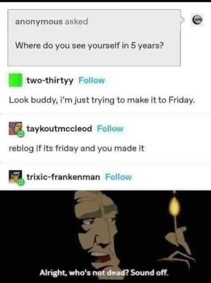 A screenshot of a social media thread where an anonymous user asks 'Where do you see yourself in 5 years?' One user replies…
