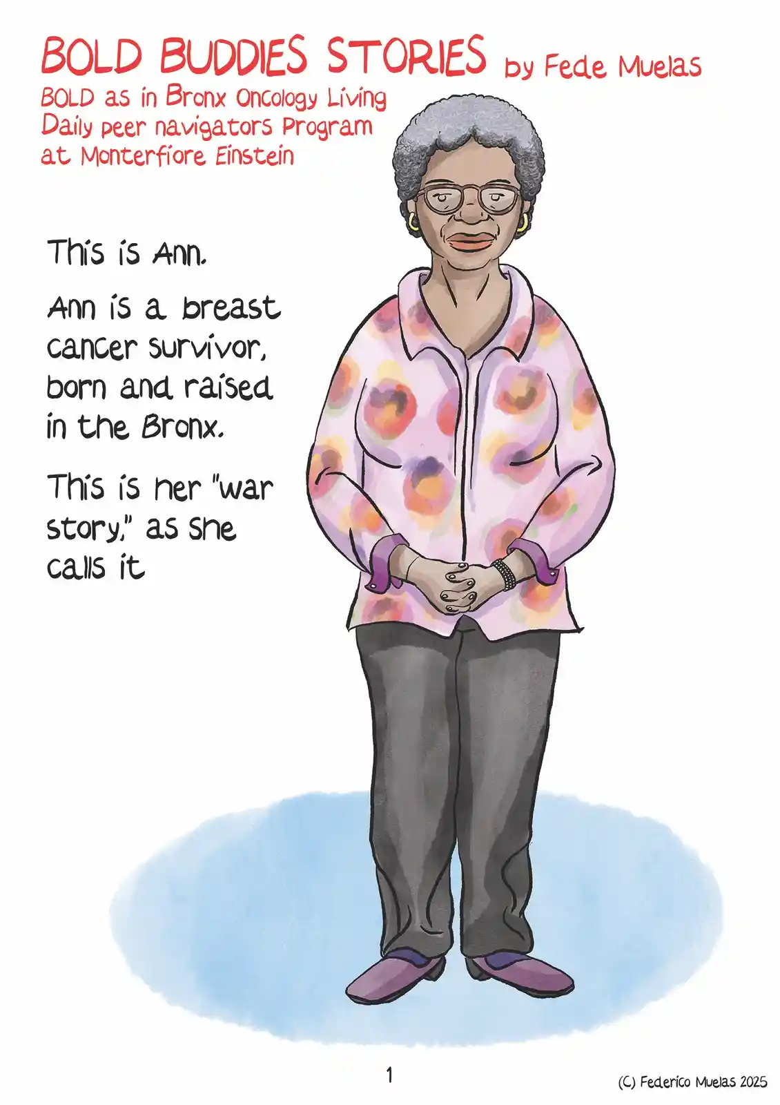 A cartoon illustration of an older Black woman with short gray hair, glasses, and a floral pink shirt, standing with her…