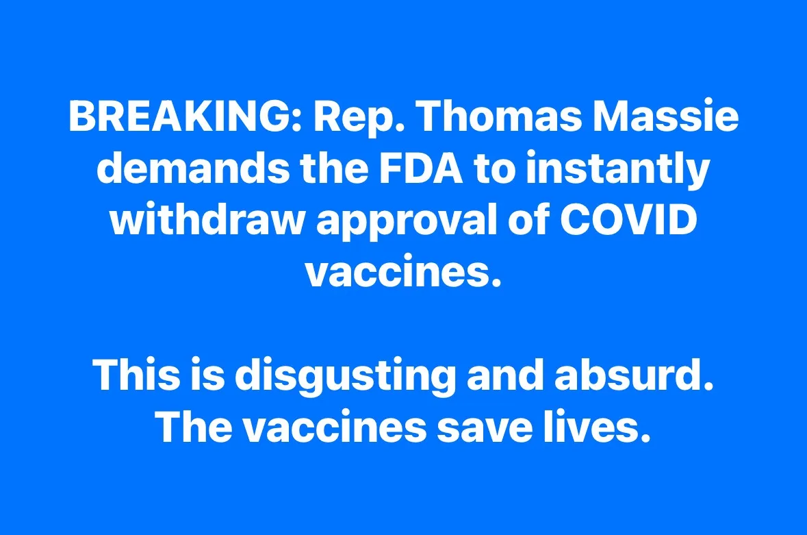 A solid blue background with white text that reads: 'BREAKING: Rep. Thomas Massie demands the FDA to instantly withdraw…