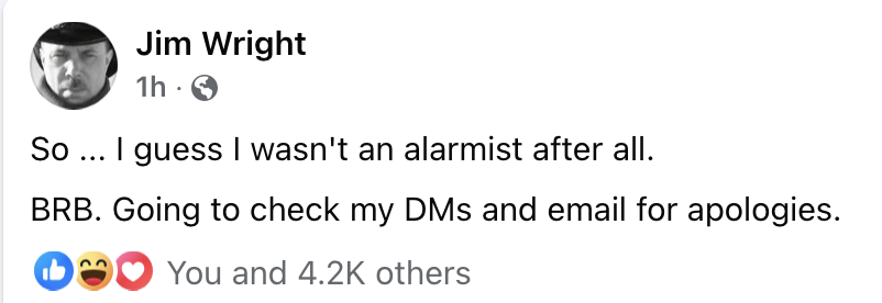 A screenshot of a Facebook post by Jim Wright showing a black-and-white profile picture of a man with a serious expression…