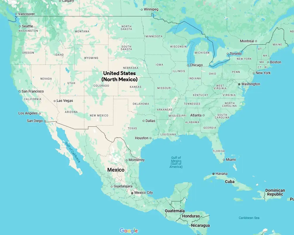 A map of North America showing the United States and Mexico, with the U.S. labeled as 'United States (North Mexico)' in bold…