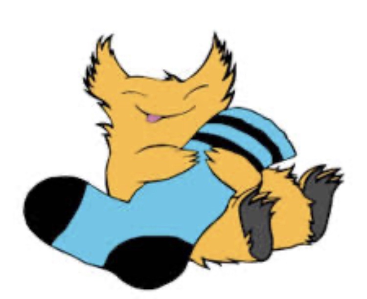a cartoon yellow fox with closed eyes and a content smile is hugging a blue sock with black toes and heel, conveying…