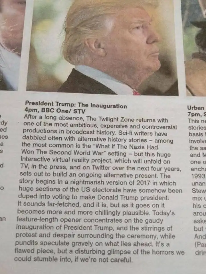 A newspaper clipping shows a photo of Donald Trump in profile, overlaid with a fictional TV schedule entry for 'President…