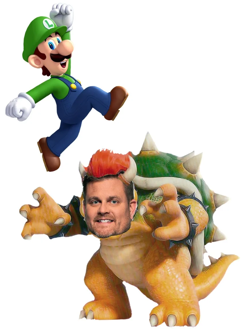 The image shows Luigi, a green-clad video game character, leaping joyfully above Bowser, a large orange turtle-like monster…