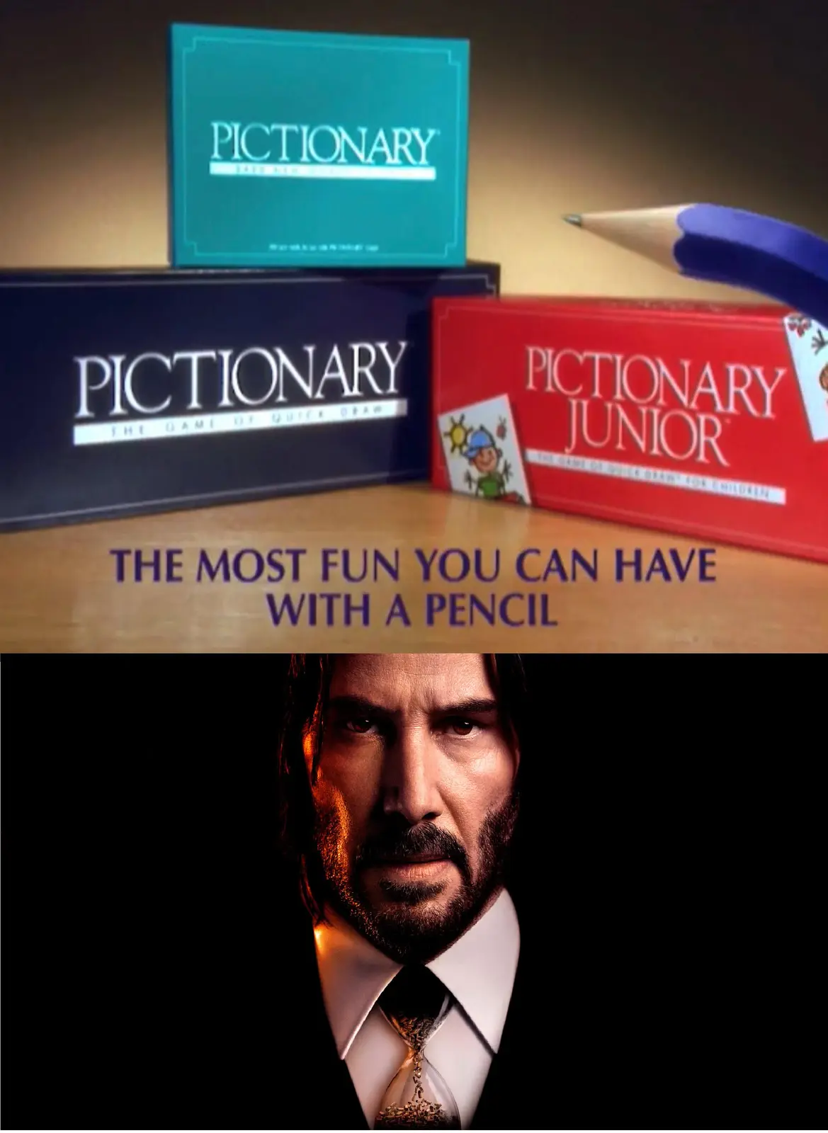 The top half shows three Pictionary game boxes (standard, junior, and a teal version) on a wooden surface with a blue pencil…