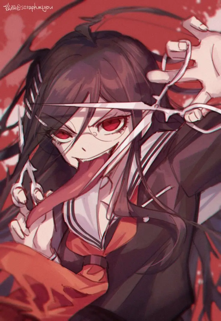 An anime-style girl with red eyes and dark hair holds a pair of scissors, her tongue sticking out playfully. She wears a…
