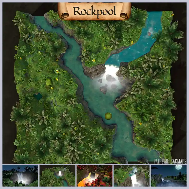 An overhead view of a lush, jungle-covered island with a winding river and waterfall, labeled 'Rockpool' on a parchment…