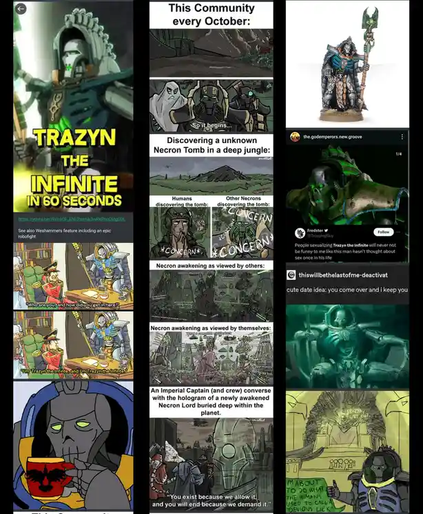 This image is a collage of fan art and screenshots from Warhammer 40,000 lore, centered around the Necron Lord Trazyn the…