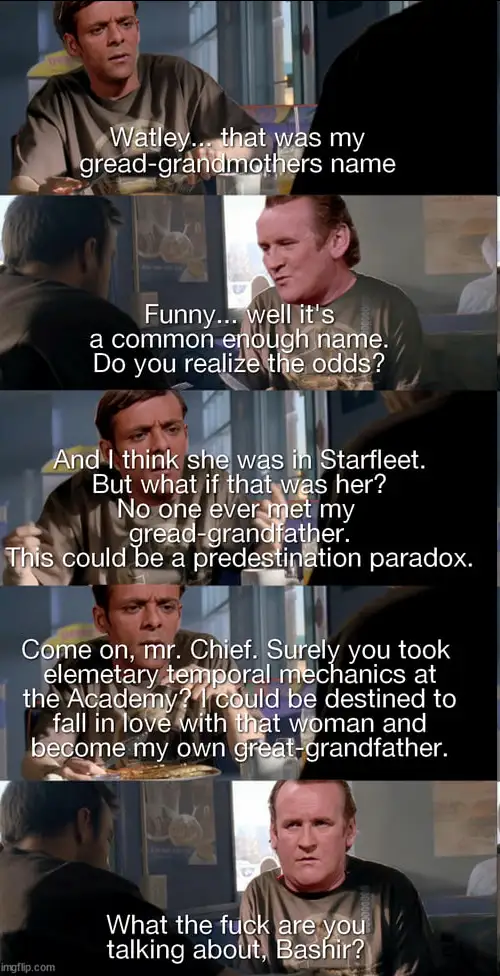 A five-panel meme from Star Trek: Deep Space Nine, showing Bashir and Sisko having a conversation. Bashir claims his…