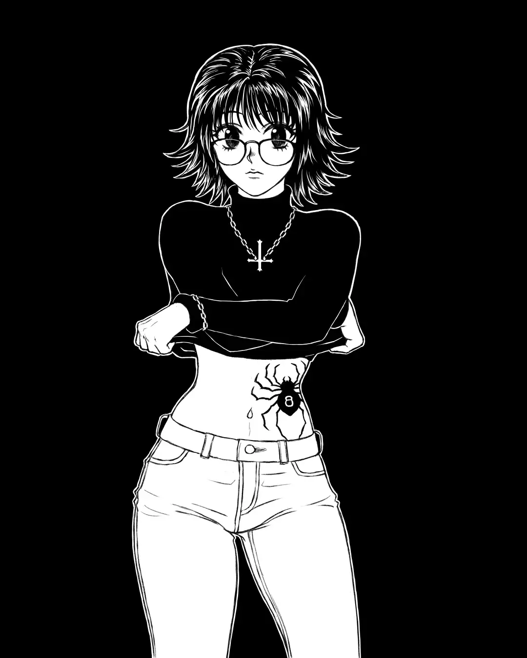 A black-and-white anime-style illustration of a young woman with short hair and glasses, wearing a turtleneck and jeans…