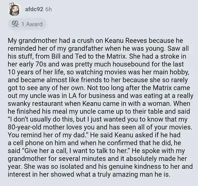 A Reddit post screenshot showing a user's story about their grandmother's crush on Keanu Reeves, how she was housebound…