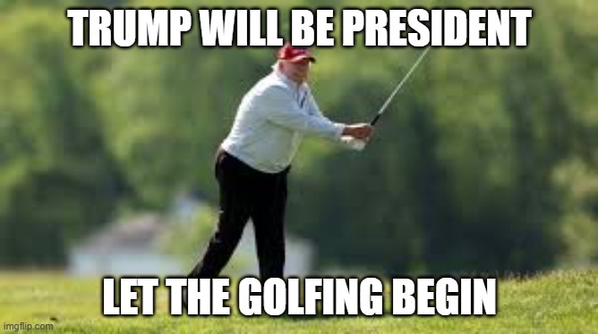 A man in a white shirt, black pants, and red cap is mid-swing on a golf course with green trees in the background. The image…
