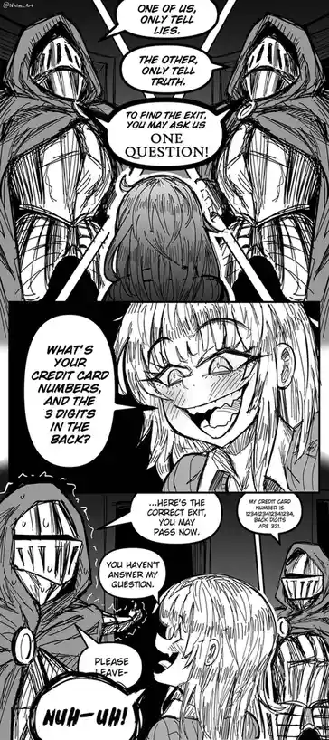 A black-and-white comic panel shows a person facing two hooded guards who state one always lies and one always tells the…