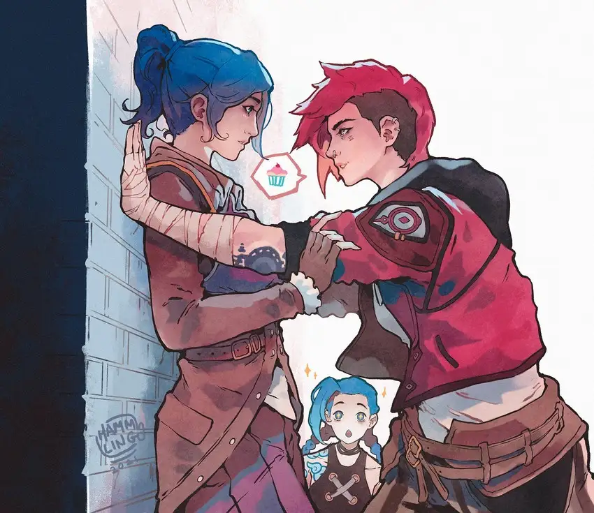 two anime-style characters, one with blue hair and one with red hair, are in a close, intimate pose against a brick wall…