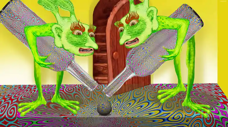 Two green, cartoonish, humanoid figures with exaggerated facial features and fiery red eyebrows stand on a swirling…