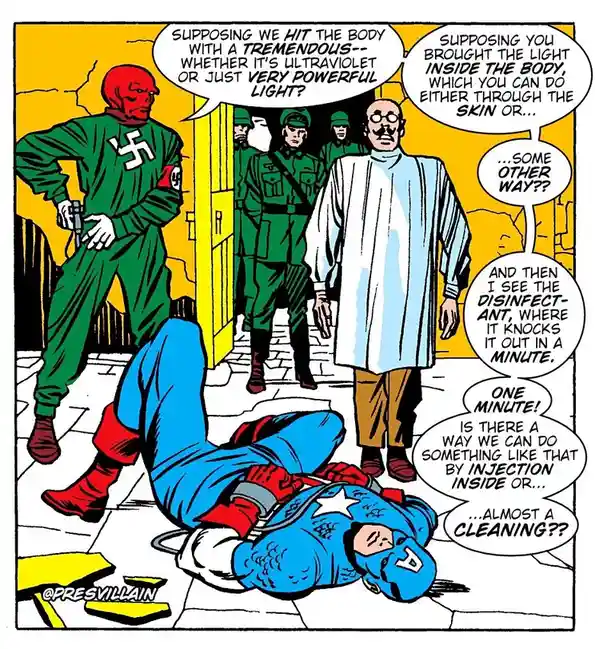 A comic panel shows a red-skinned Nazi villain in green uniform with swastikas, a scientist in a white coat, and a fallen…
