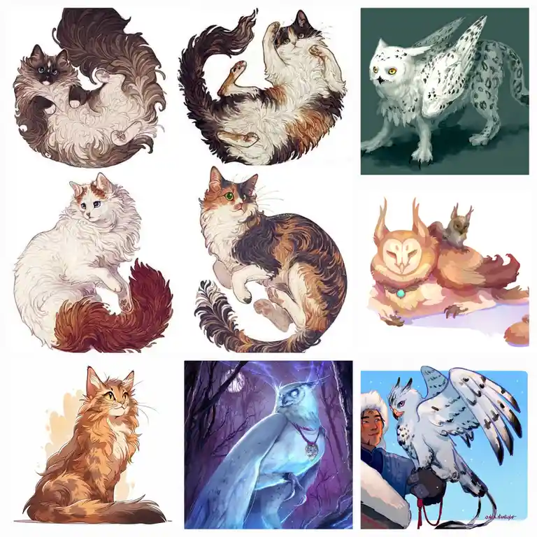 A collage of nine digital illustrations featuring various cats and owls, including fluffy domestic cats, a snowy owl, and an…