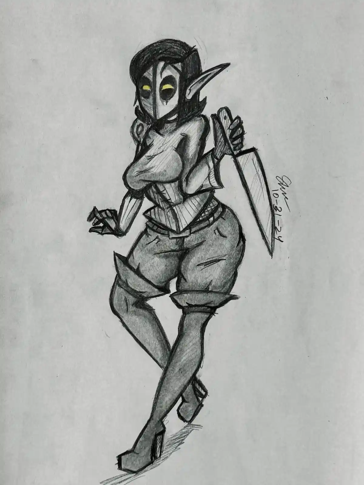 A pencil sketch of a female elf-like character with pointed ears, glowing yellow eyes, and a menacing expression, holding a…