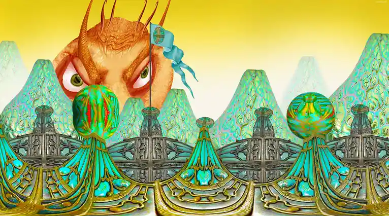 A surreal digital artwork depicts a large, orange, horned creature with angry green eyes peeking over a fantastical…
