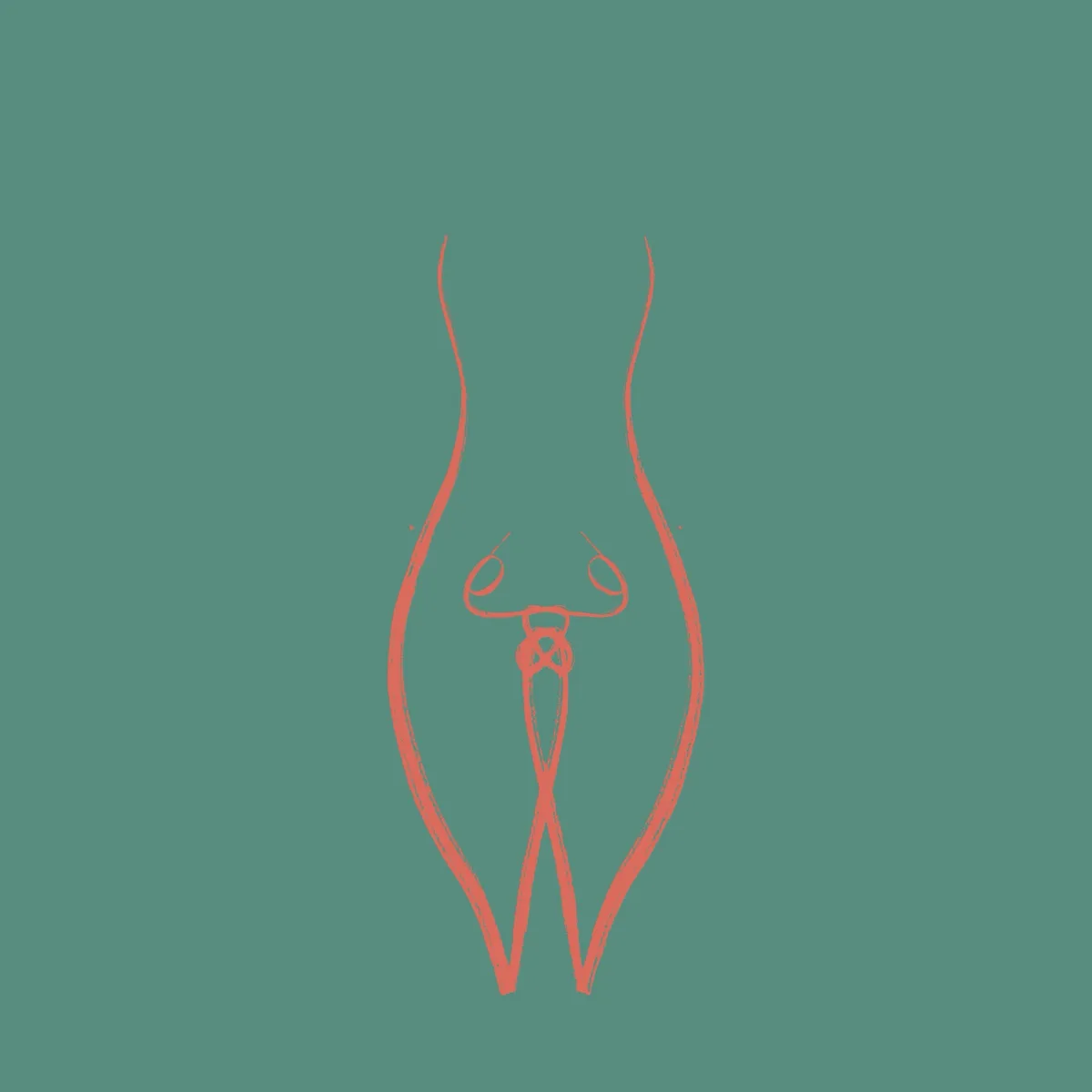 A minimalist, coral-red line drawing on a teal background depicts a stylized, symmetrical creature with two curved antennae…
