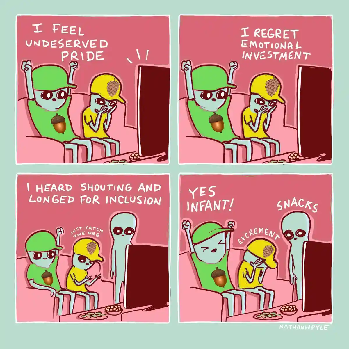 A four-panel comic shows two alien fans in green and yellow caps watching a game, feeling pride and regret, then inviting a…