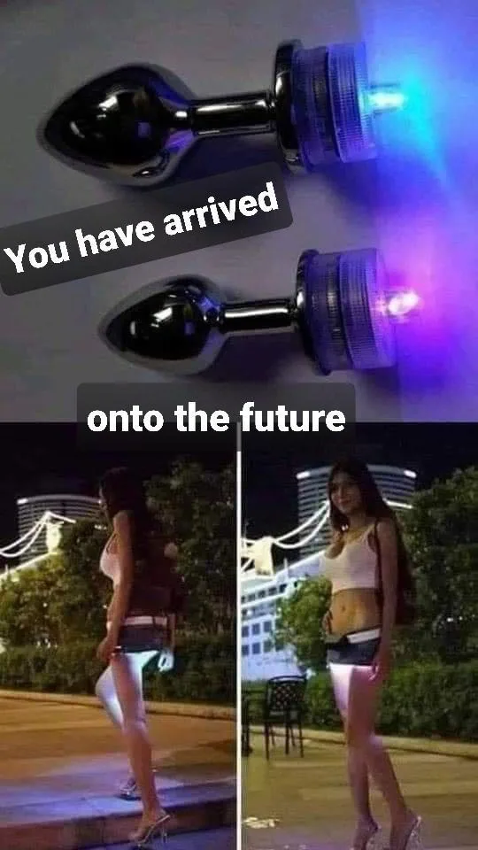 The image is split: top half shows two glowing blue LED light-up butt plugs with text 'You have arrived' and 'onto the…