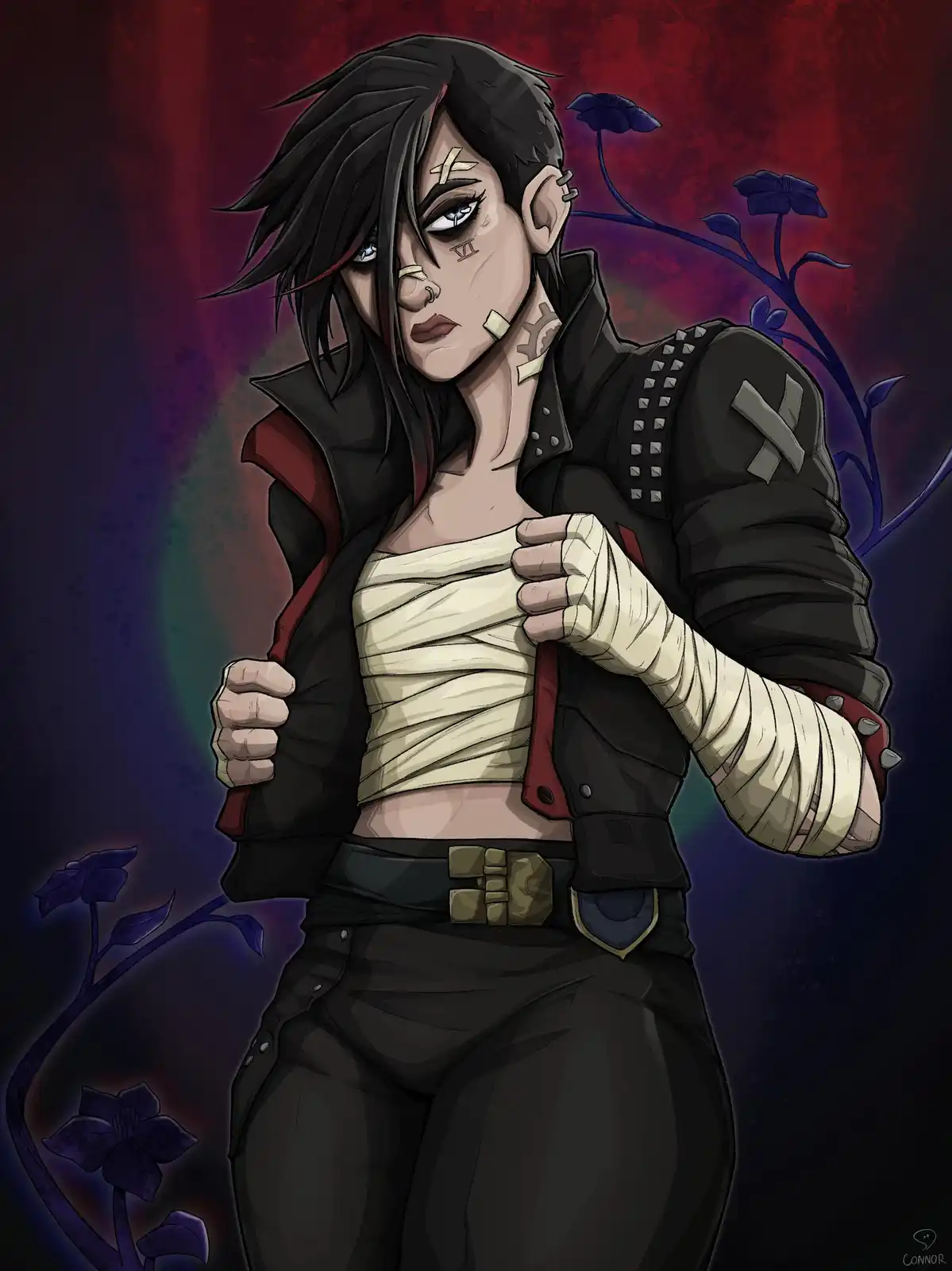 An anime-style illustration of a person with dark hair and piercings, wearing a black studded jacket and black pants, with…