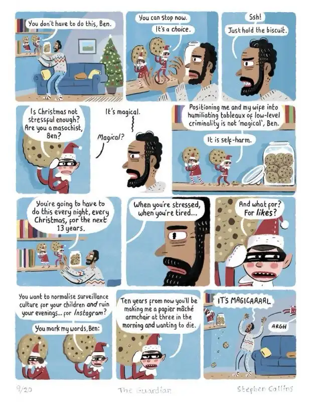 A comic strip depicts a man being forced by two masked figures in Santa hats to pose for photos with cookies, escalating…
