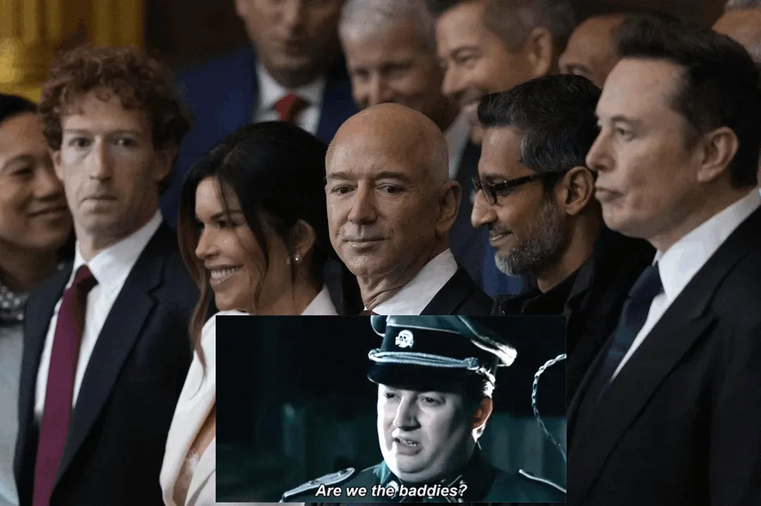 The image shows a row of prominent tech billionaires—Jeff Bezos, Elon Musk, and others—looking serious or amused while a…