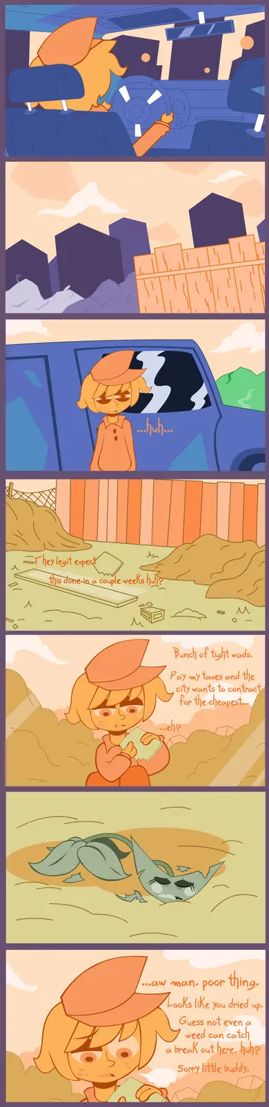 A comic strip shows an orange-haired character driving to a construction site, then expressing frustration at the slow…