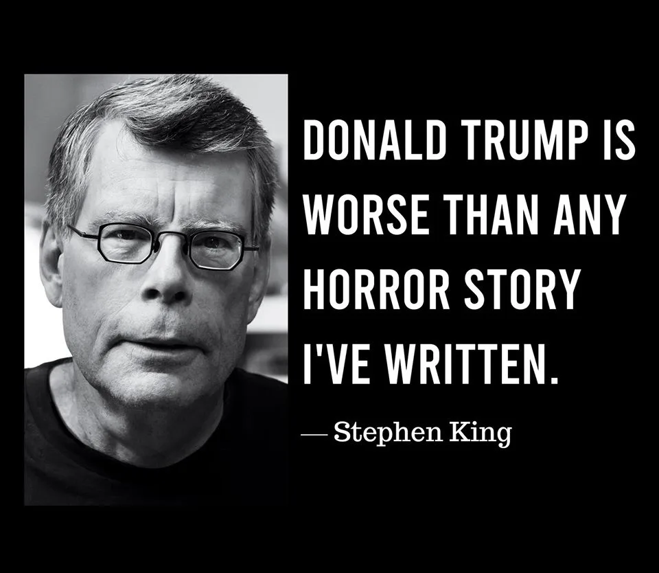 A black-and-white portrait of Stephen King on the left, with bold white text on a black background to the right stating…