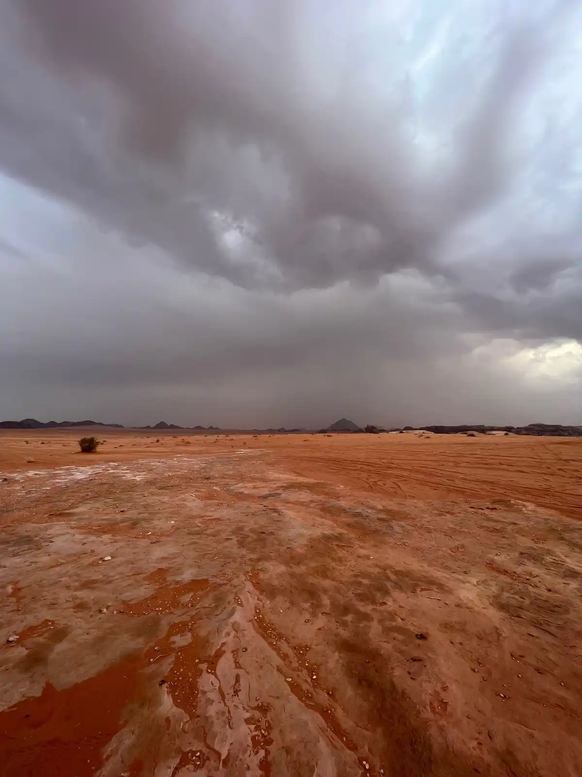 A wide-angle photo shows a vast, reddish-brown desert landscape under a heavy, dark, stormy sky with rain visibly falling…