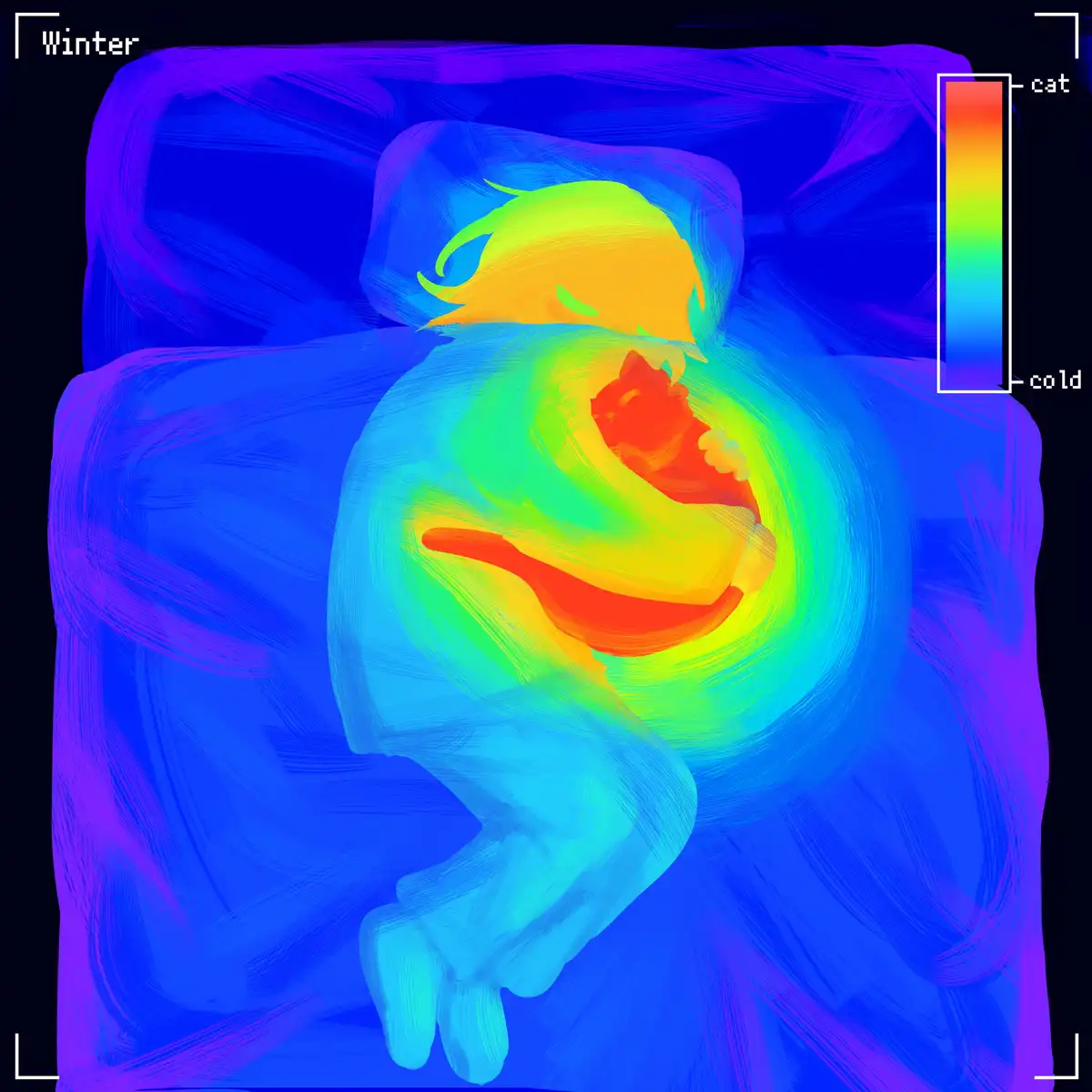 A thermal imaging-style illustration shows a person curled up in bed, with a small red-orange cat nestled in their arms. The…