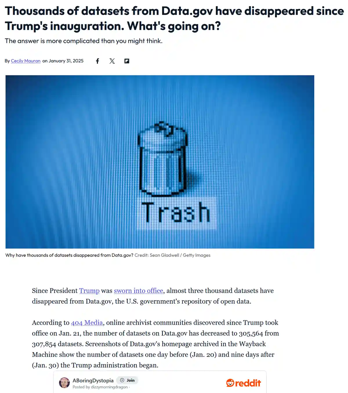 A screenshot of a news article shows a pixelated computer trash can icon labeled 'Trash' against a blue background, visually…