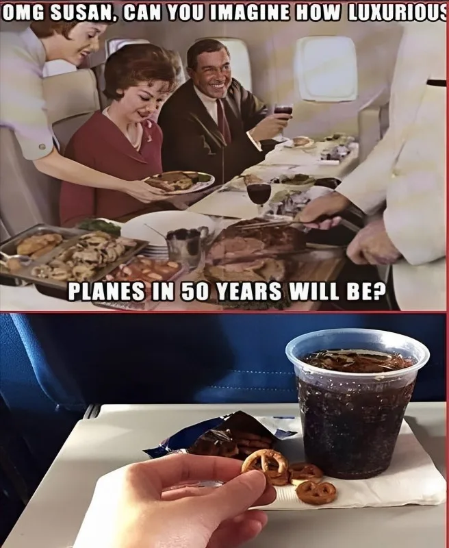 The top panel shows a vintage 1950s-style airplane cabin where a smiling flight attendant serves a man and woman a lavish…