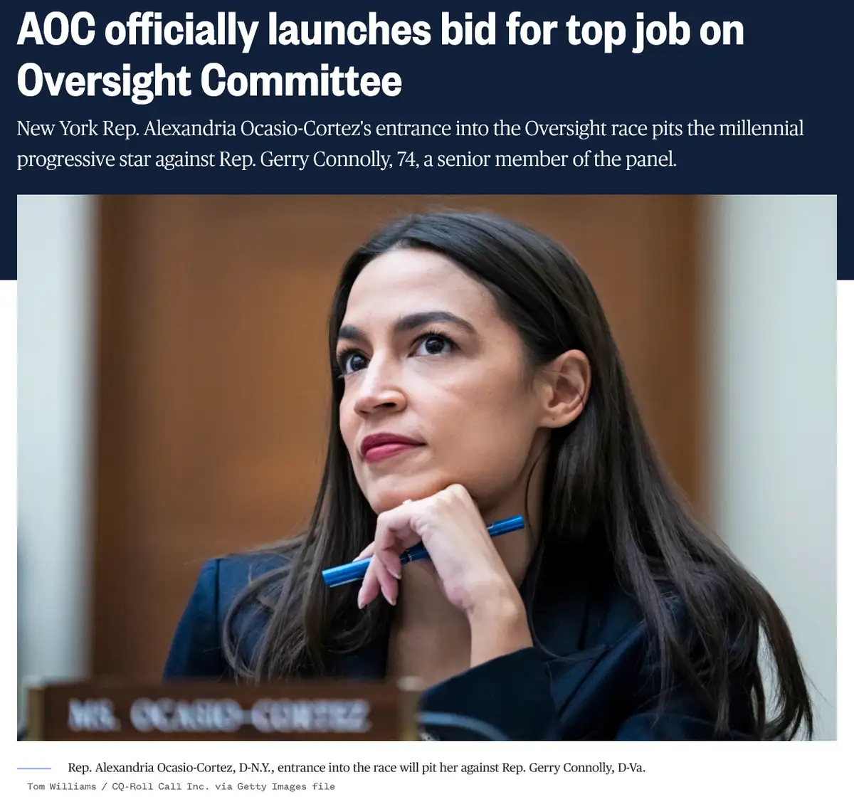 A news article headline reads 'AOC officially launches bid for top job on Oversight Committee' above a photo of Rep…