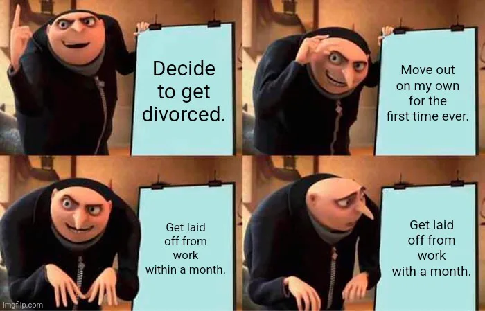 A four-panel meme featuring Gru from Despicable Me, showing his escalating despair as he progresses from deciding to get…