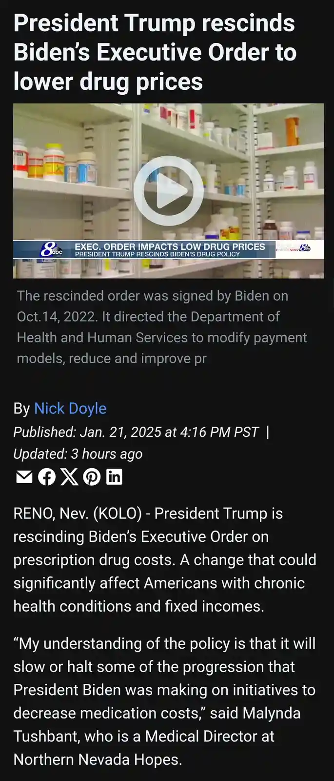 The image displays a screenshot of a fake news article with a headline and body text claiming President Trump rescinded…
