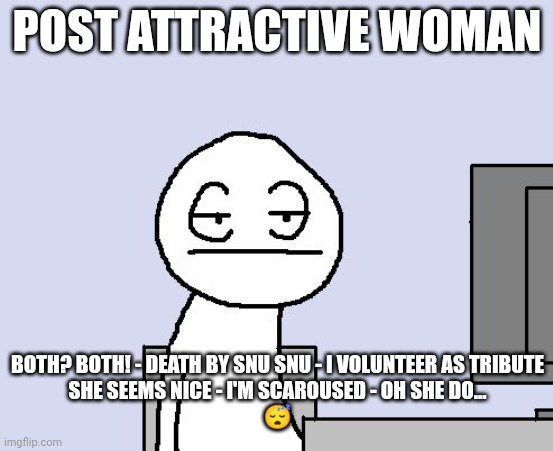 A simple white stick figure with a bored expression sits at a computer desk, looking at a screen. The text at the top reads…