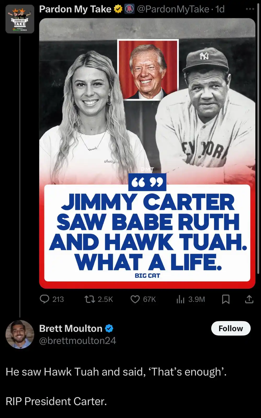 A black-and-white image features a smiling woman on the left, a photo of Jimmy Carter in the center, and a photo of Babe…
